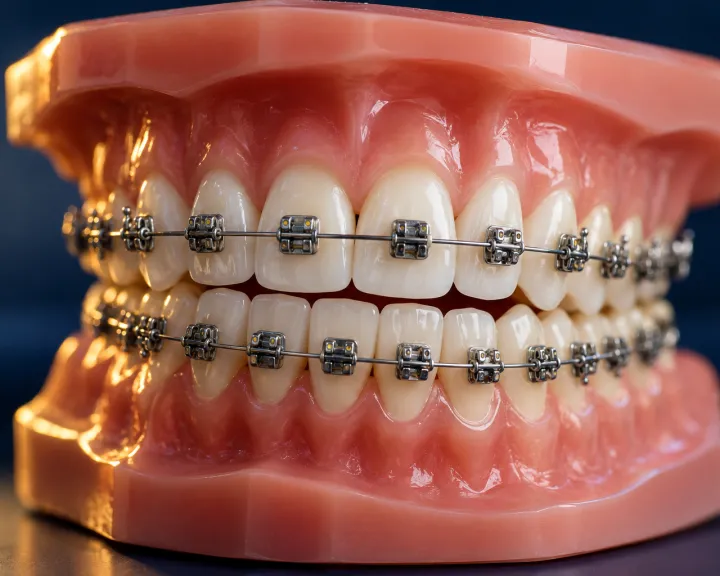Orthodontic brackets and archwire on a dental model, used in Orthomania teaching